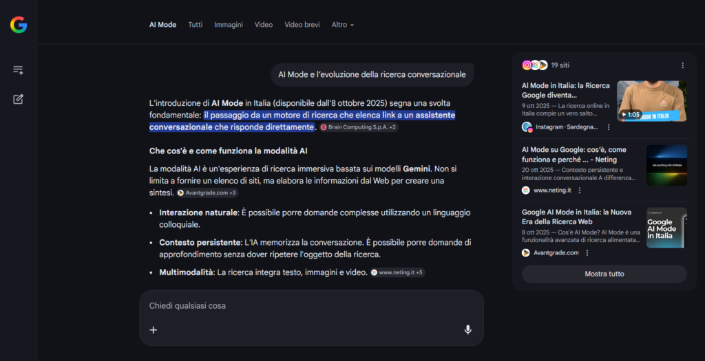 Dalla SEO alla ricerca generativa: cosa cambia con AI Overview e AI Mode 2 Dalla SEO alla ricerca generativa: cosa cambia con AI Overview e AI Mode | Screenshot 2026 04 08 120758
